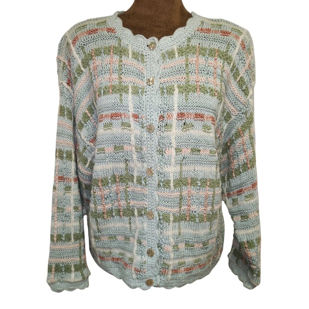 Northern Isles Hand Knit Pastel Sweater, Cardigan Blue Green Petite M Women's
